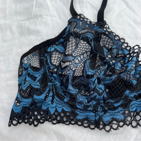 Knotty Knickers Midnight Bloom Black and Blue Metallic Lace Bralette, M - Picture 7 of 13